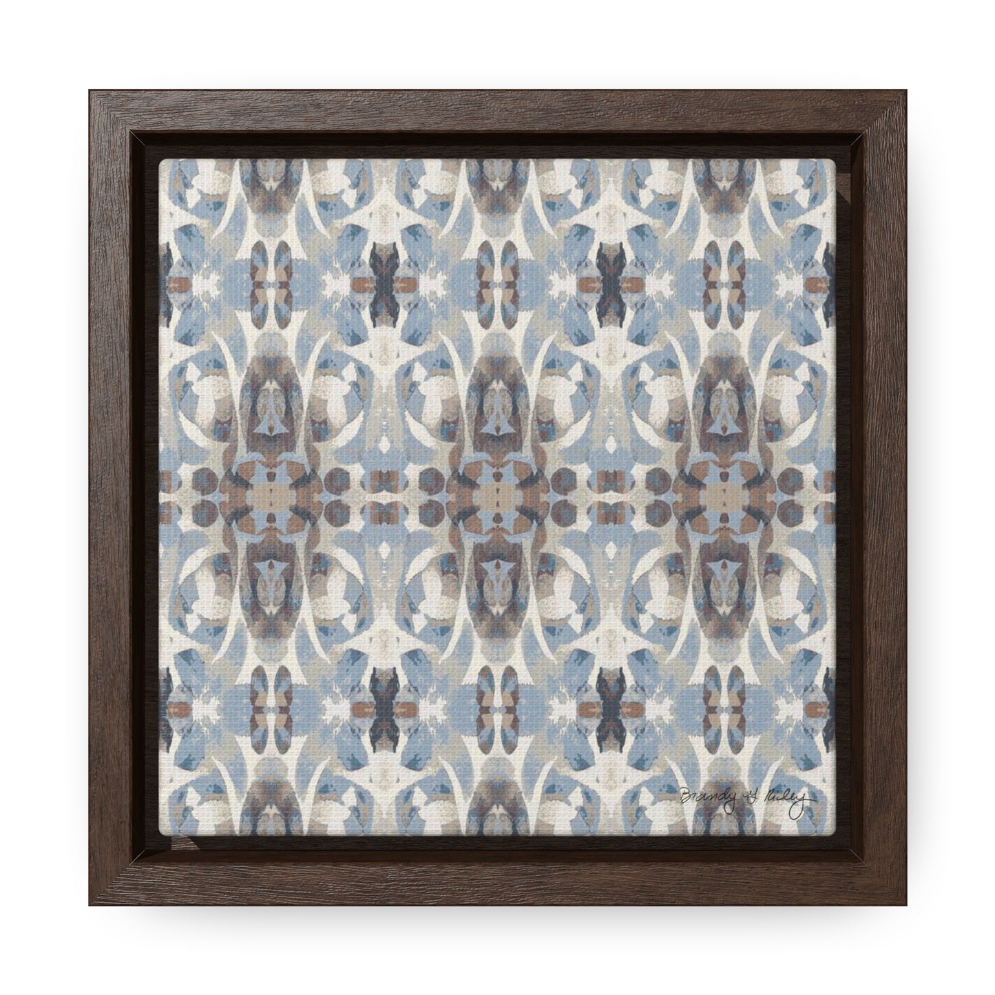 Mini stretch canvas featuring an abstract blue and gray pattern in a brown fraome