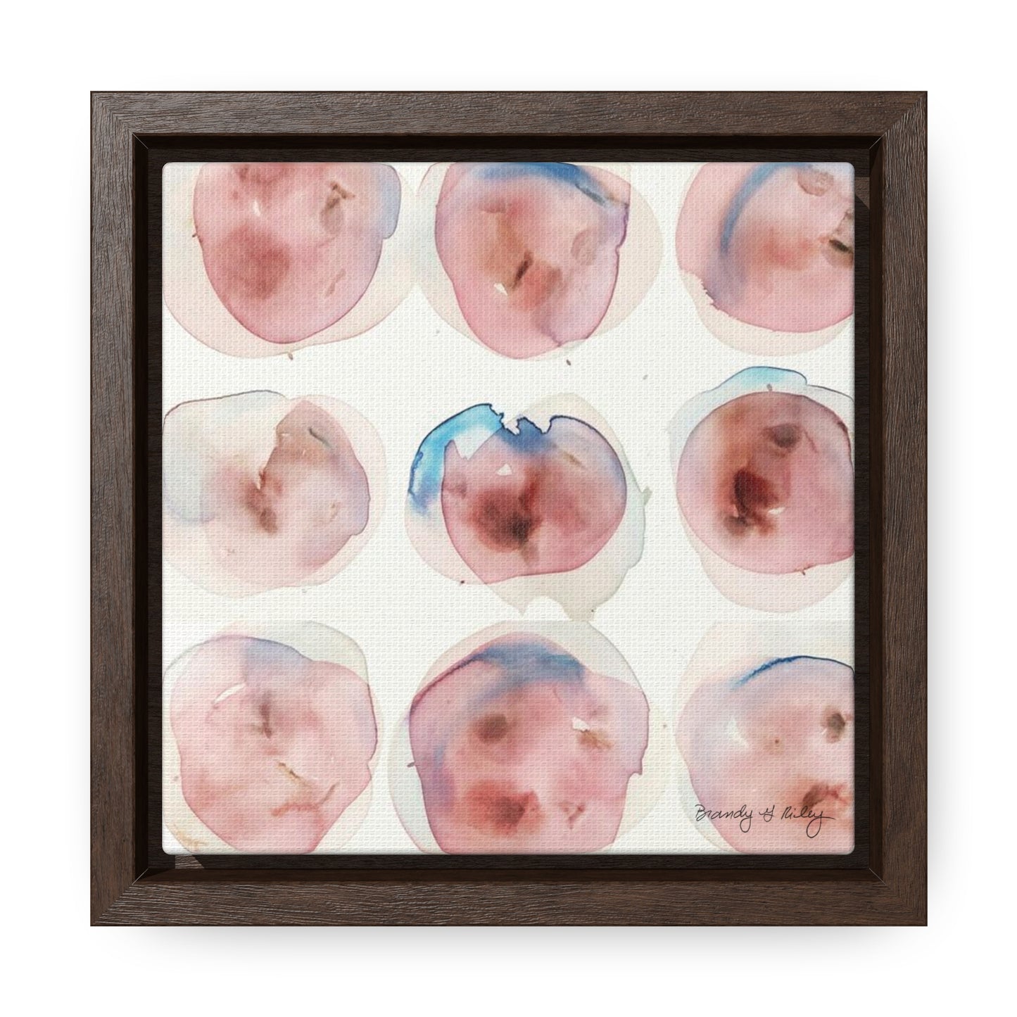 Abstract painting with pink and blue abstract circles in a brown frame.