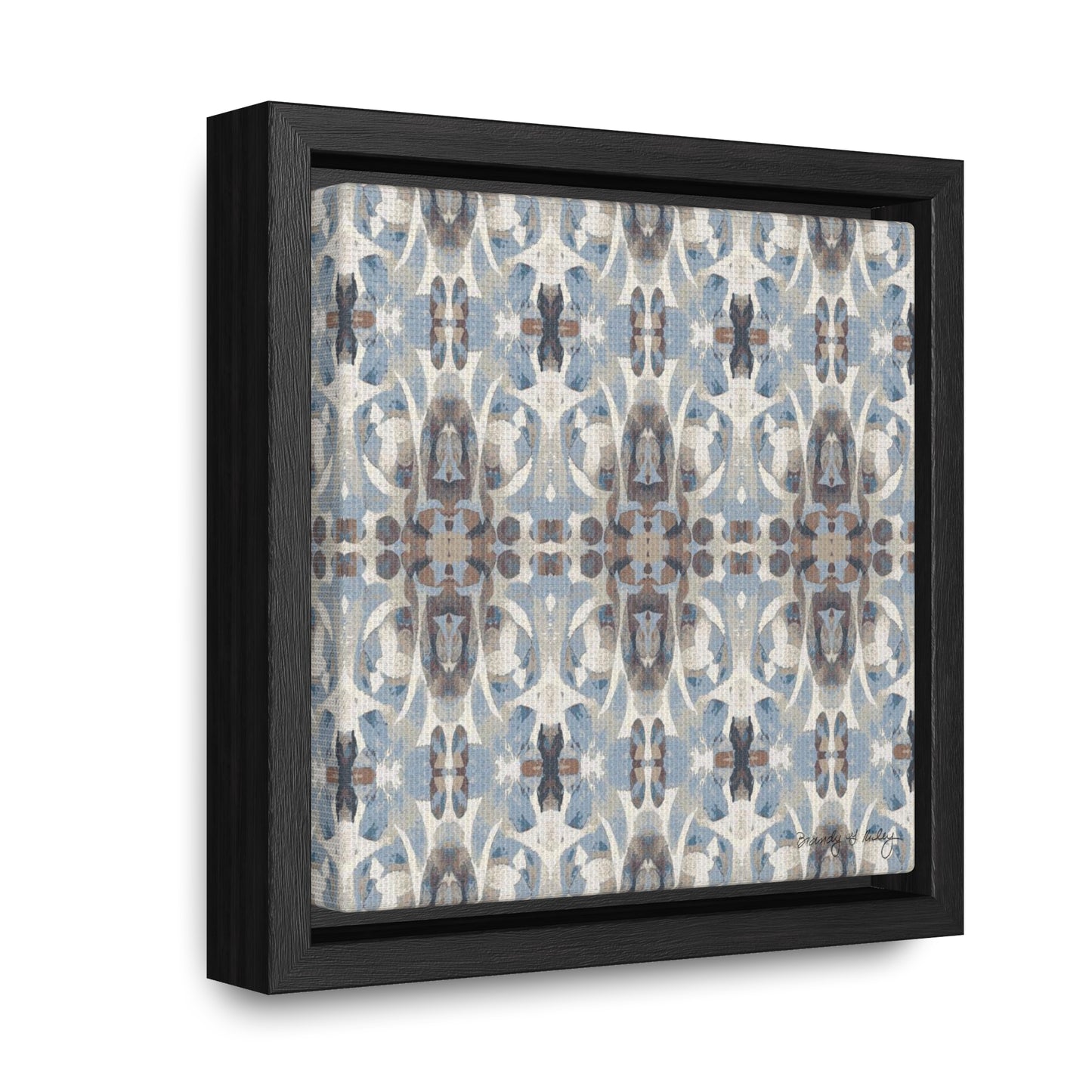 Mini stretch canvas featuring an abstract blue and gray pattern in a black fraome