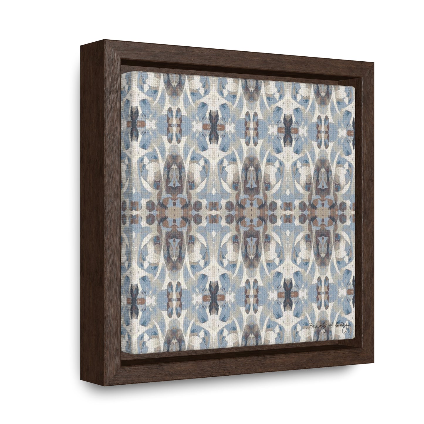 Mini stretch canvas featuring an abstract blue and gray pattern in a brown fraome