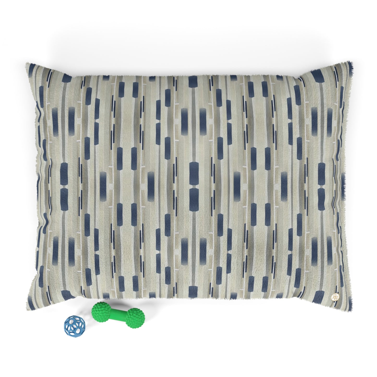 Fleece dog bed featuring a collaged stripe pattern in khaki and navy blue