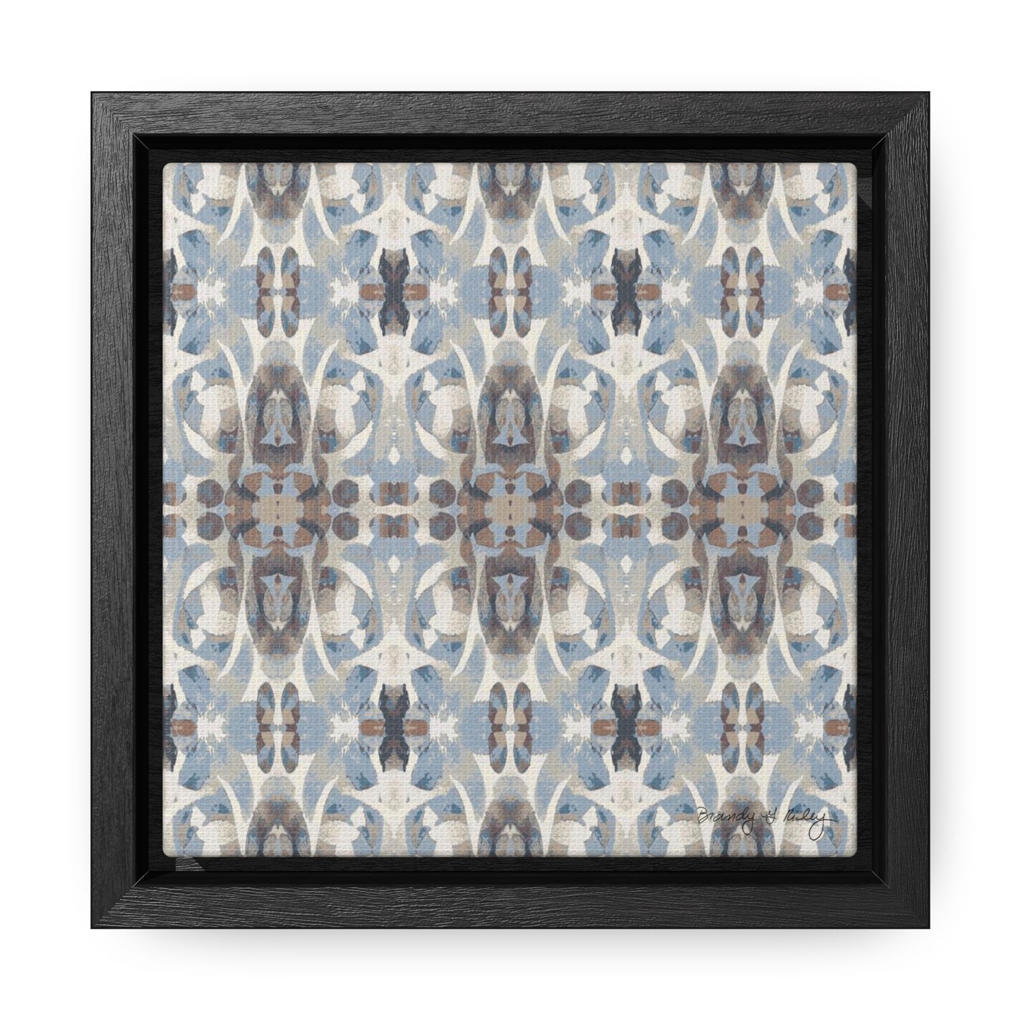 Mini stretch canvas featuring an abstract blue and gray pattern in a black fraome