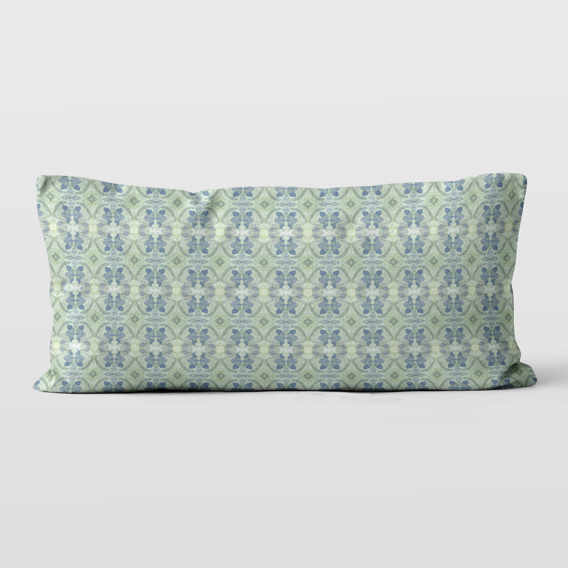 12x24 lumbar pillow featuring a hand-painted green and blue abstract pattern