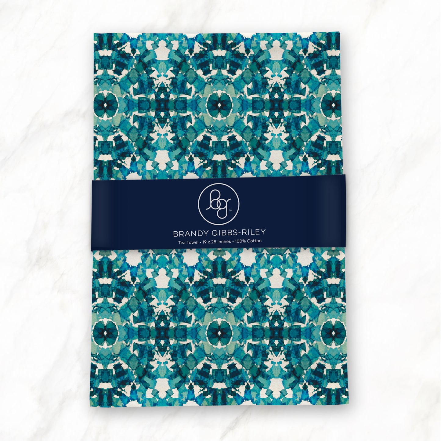 Flour sack tea towel featuring an abstract teal hand-painted pattern