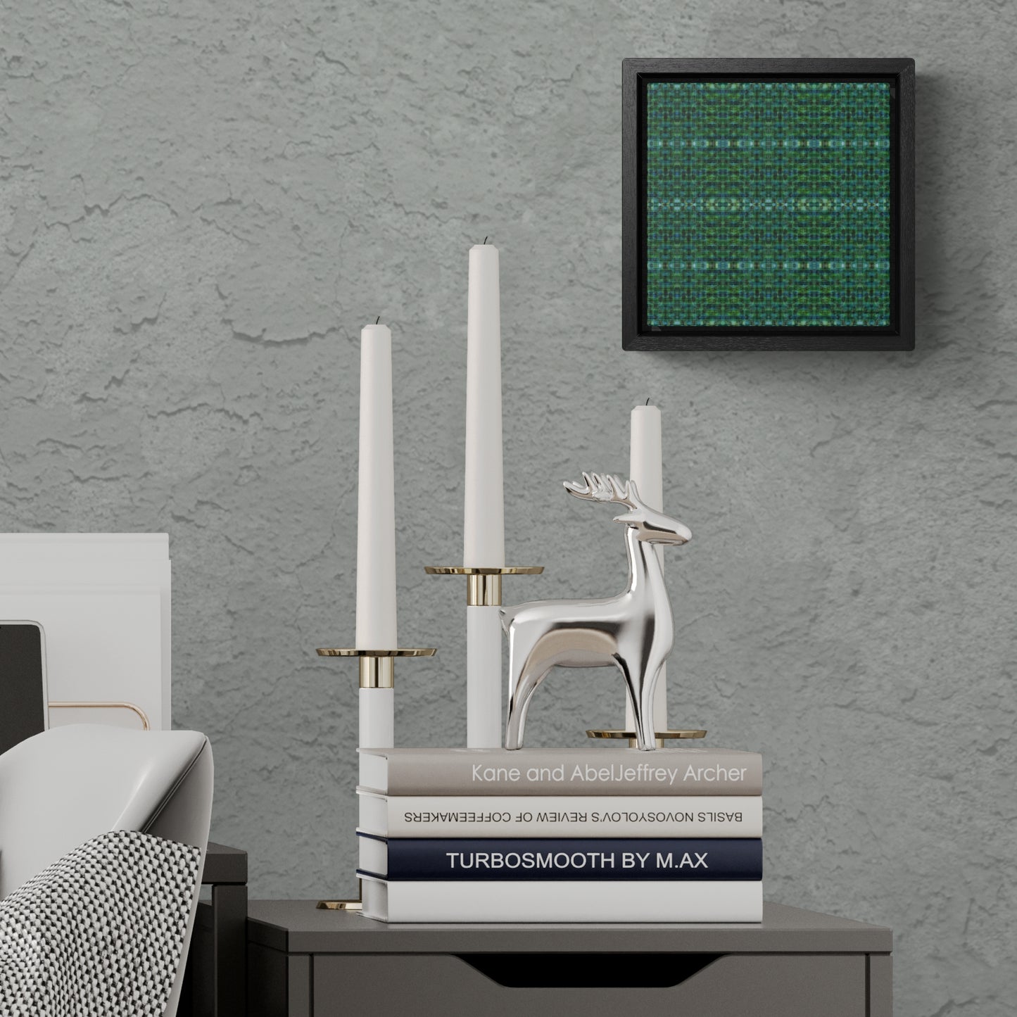 Framed mini canvas featuring an abstract green plaid pattern hanging on wall above candles and reindeer figurine.