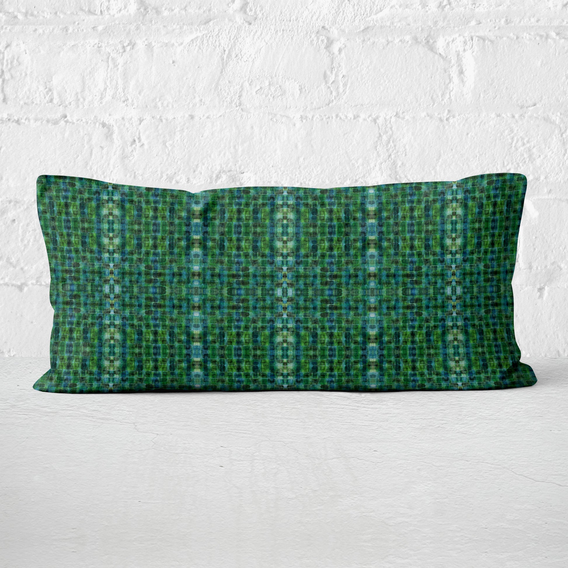 Rectangular lumbar pillow featuring a hand-painted abstract plaid pattern in kelly green.