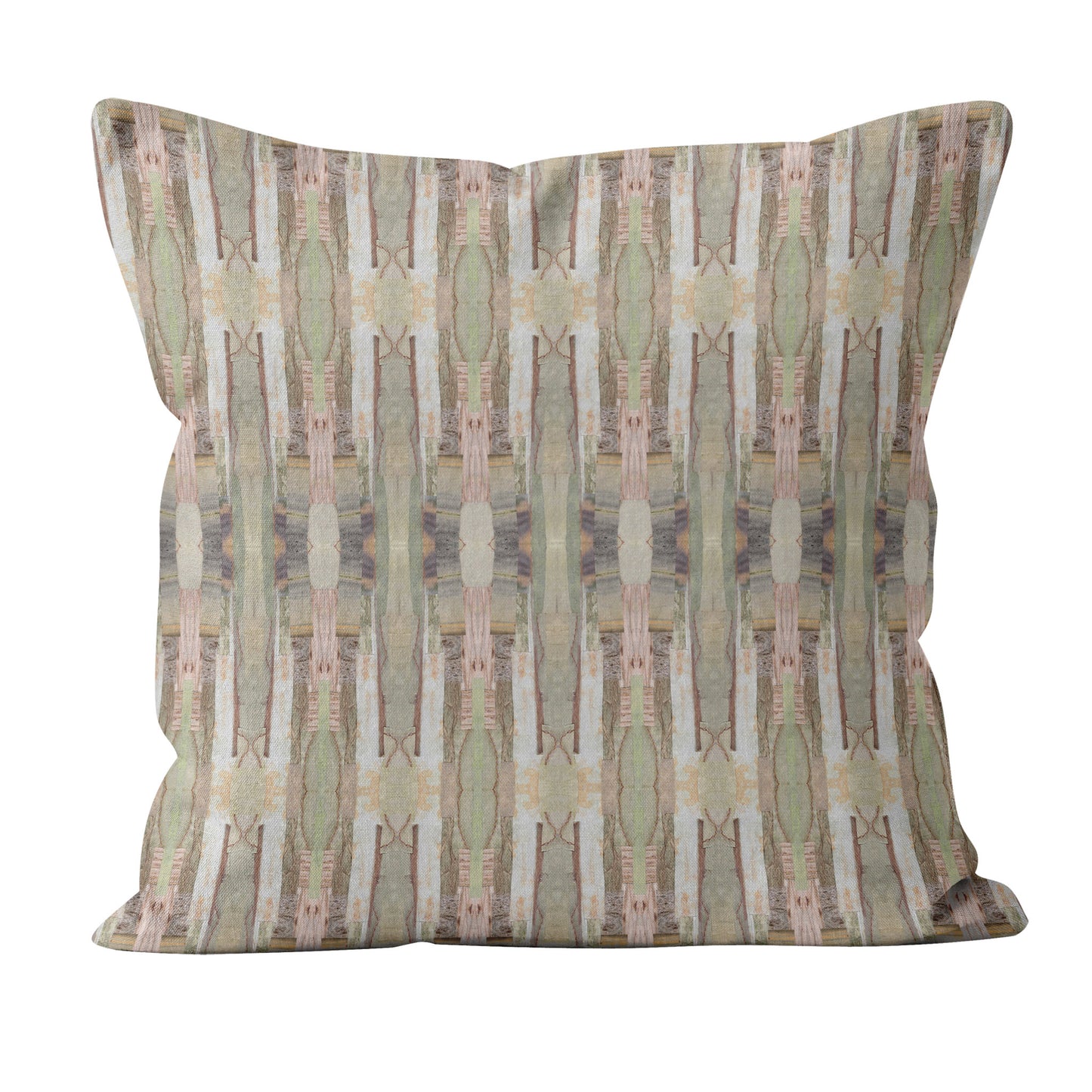 Throw pillow featuring muted pink and green collaged pattern