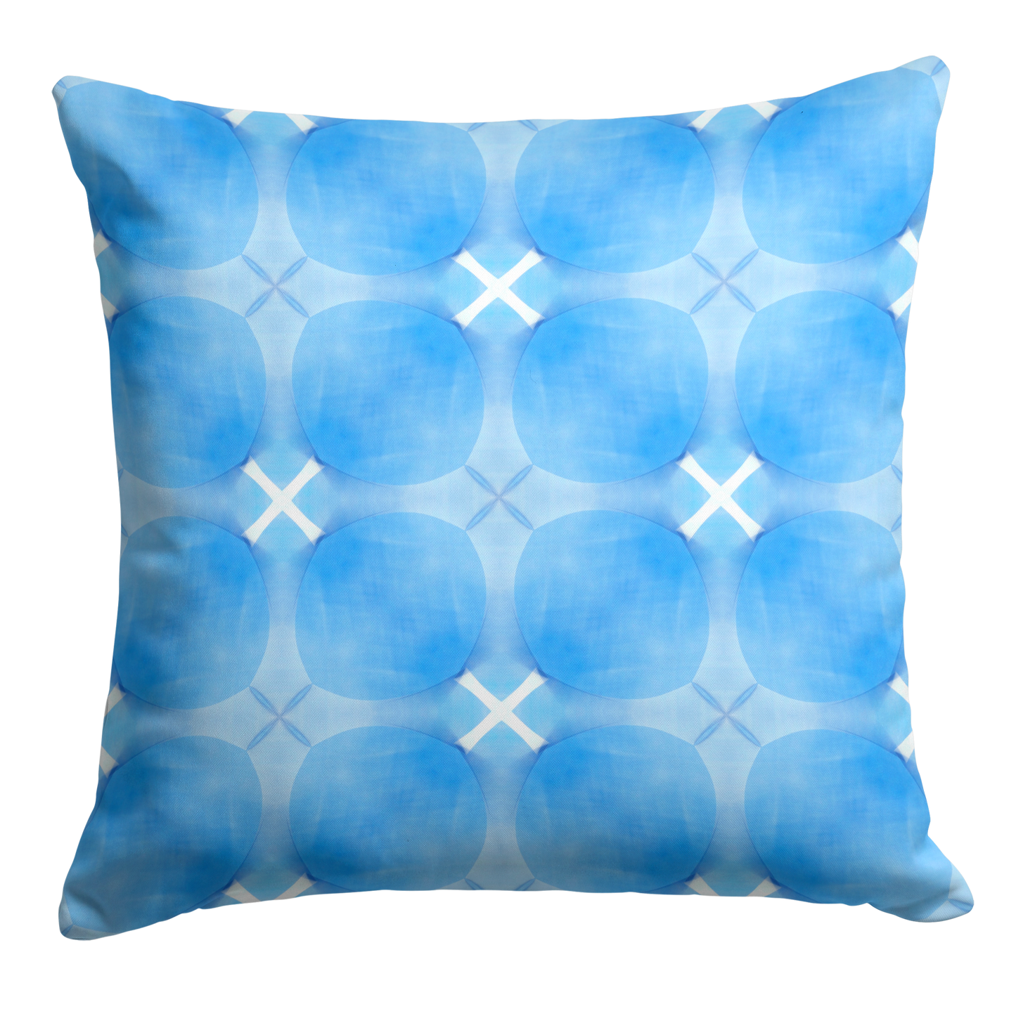 Square throw pillow with blue circular pattern on white background