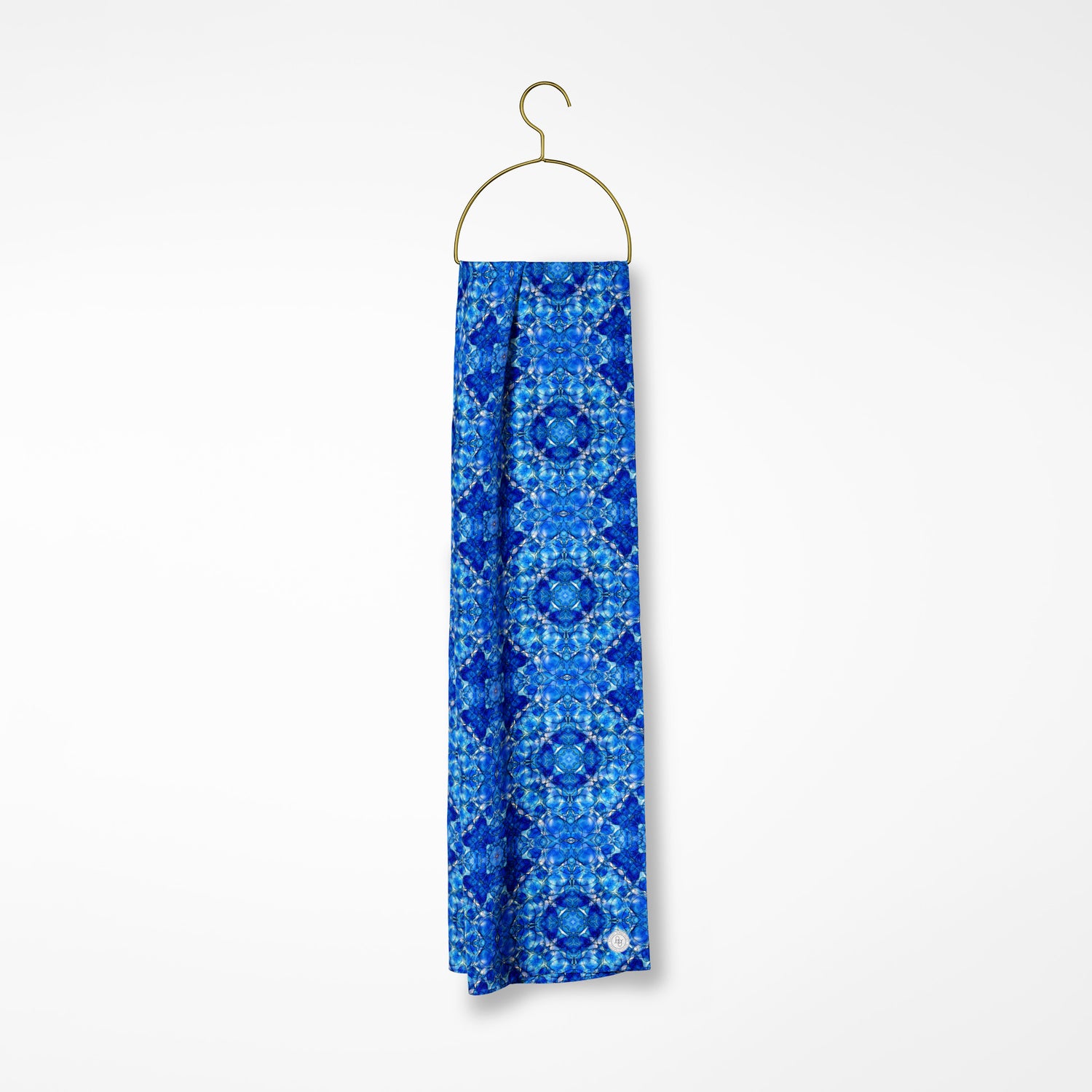 Lisbon oblong silk scarf featuring a cobalt blue, abstract hand-painted pattern.