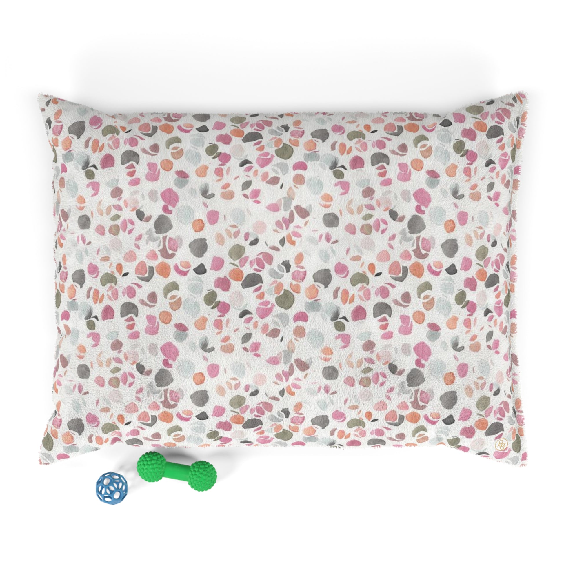Fleece dog bed featuring an abstract floral pattern in shades of pink