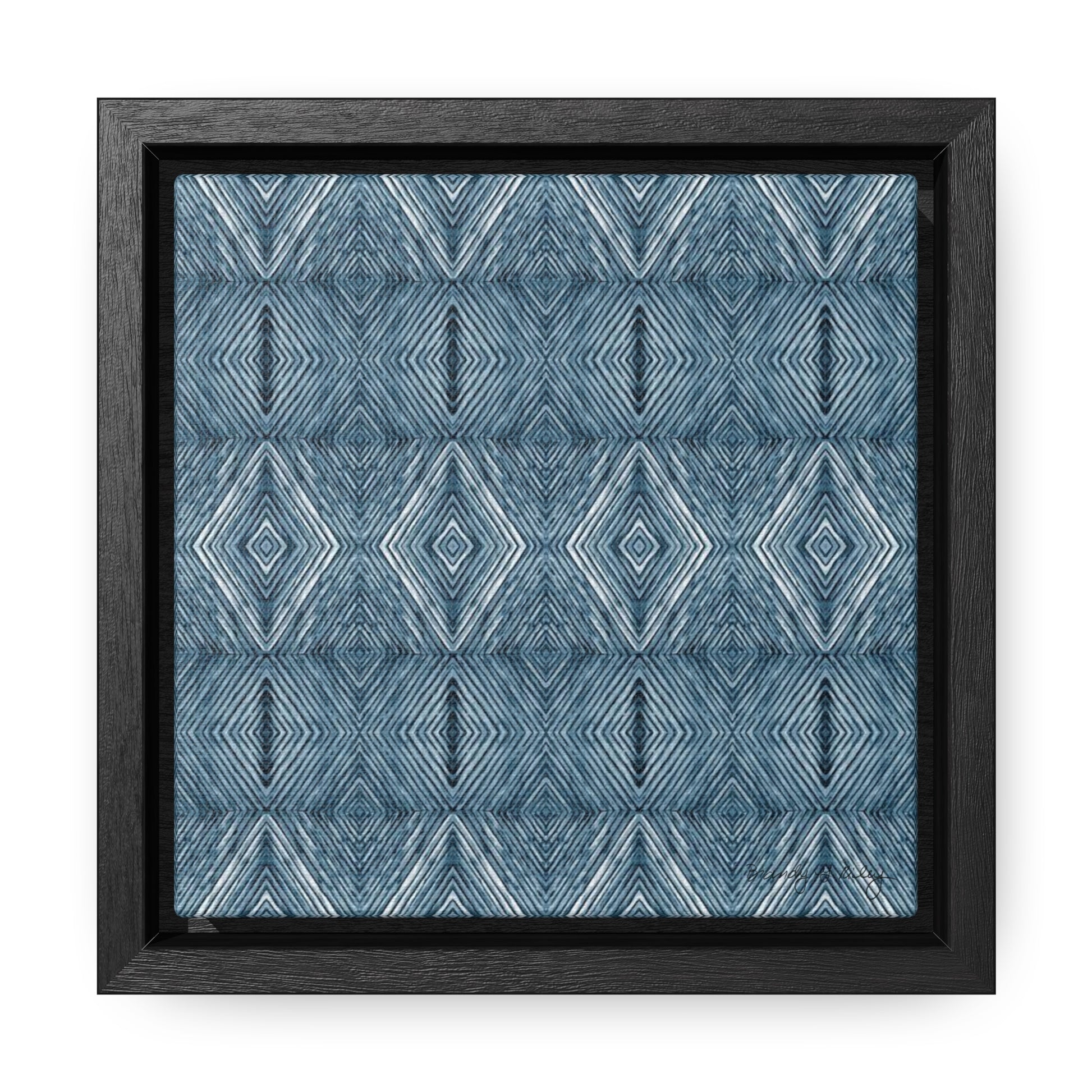 Mini framed artist canvas featuring a blue abstract diamond pattern in a black frame