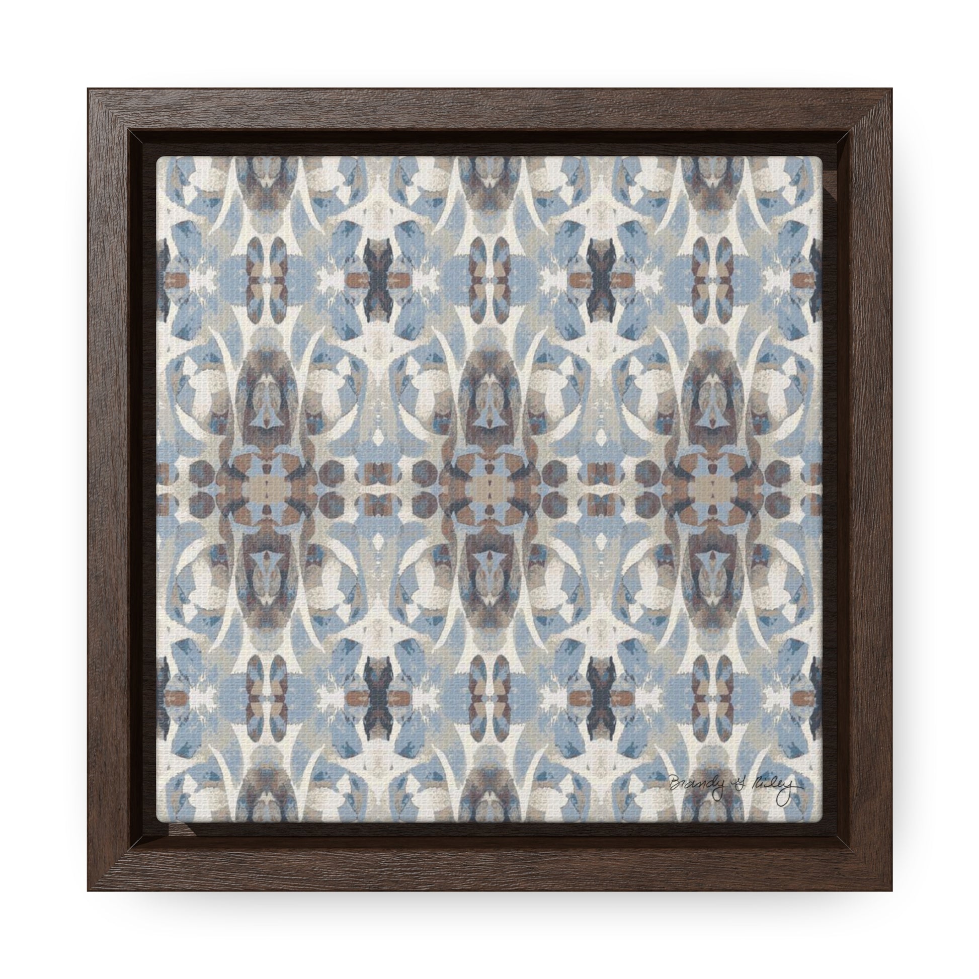 Mini stretch canvas featuring an abstract blue and gray  pattern in a brown fraome