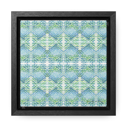 Stretched canvas featuring a blue and green abstract pattern in a black float frame