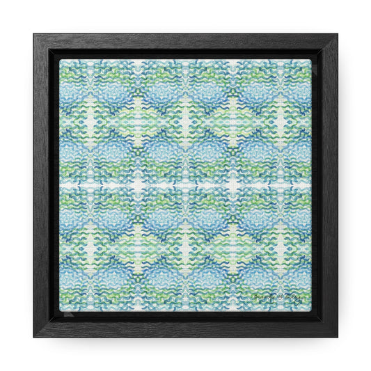 Stretched canvas featuring a blue and green abstract pattern in a black float frame