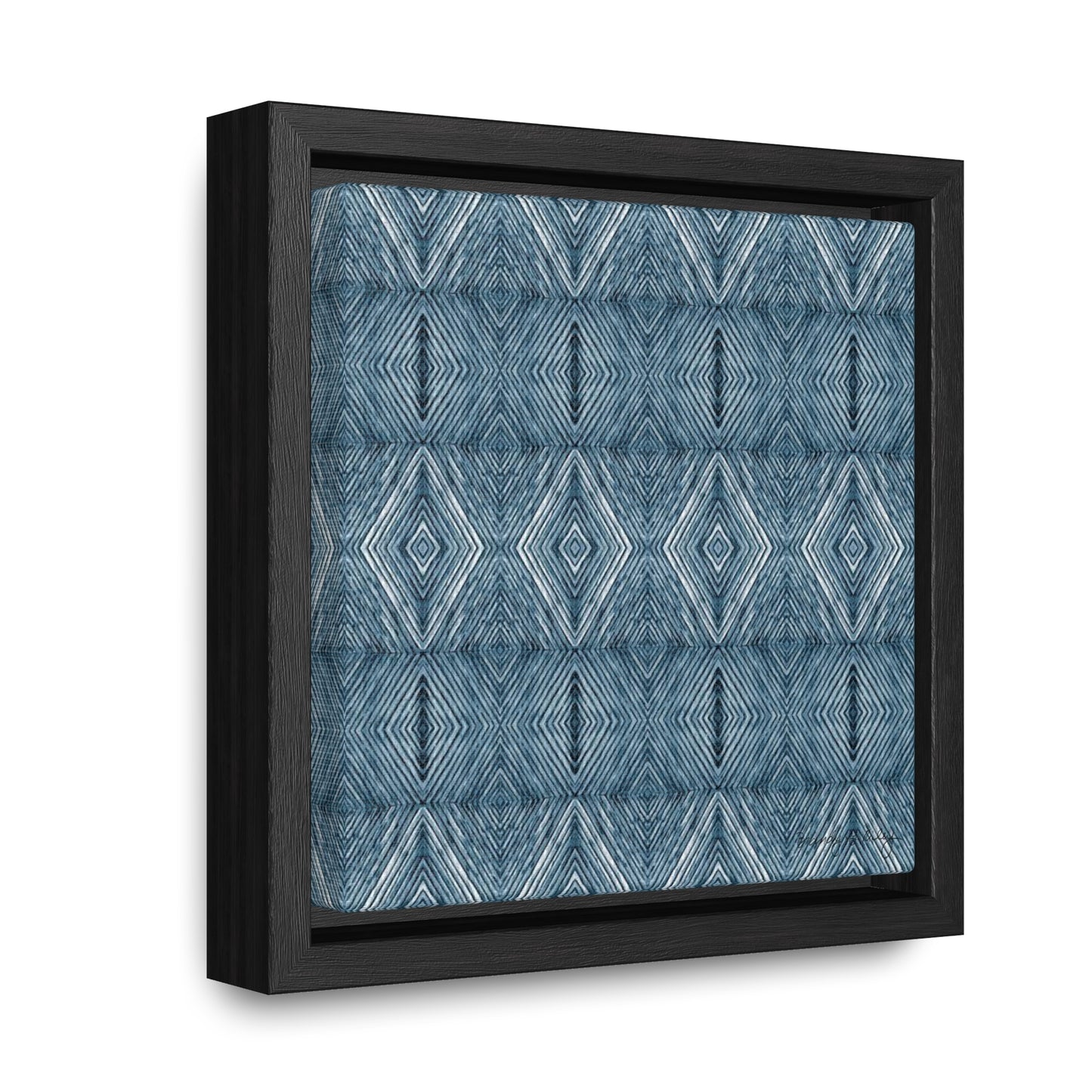 Mini framed artist canvas featuring a blue abstract diamond pattern in a black frame
