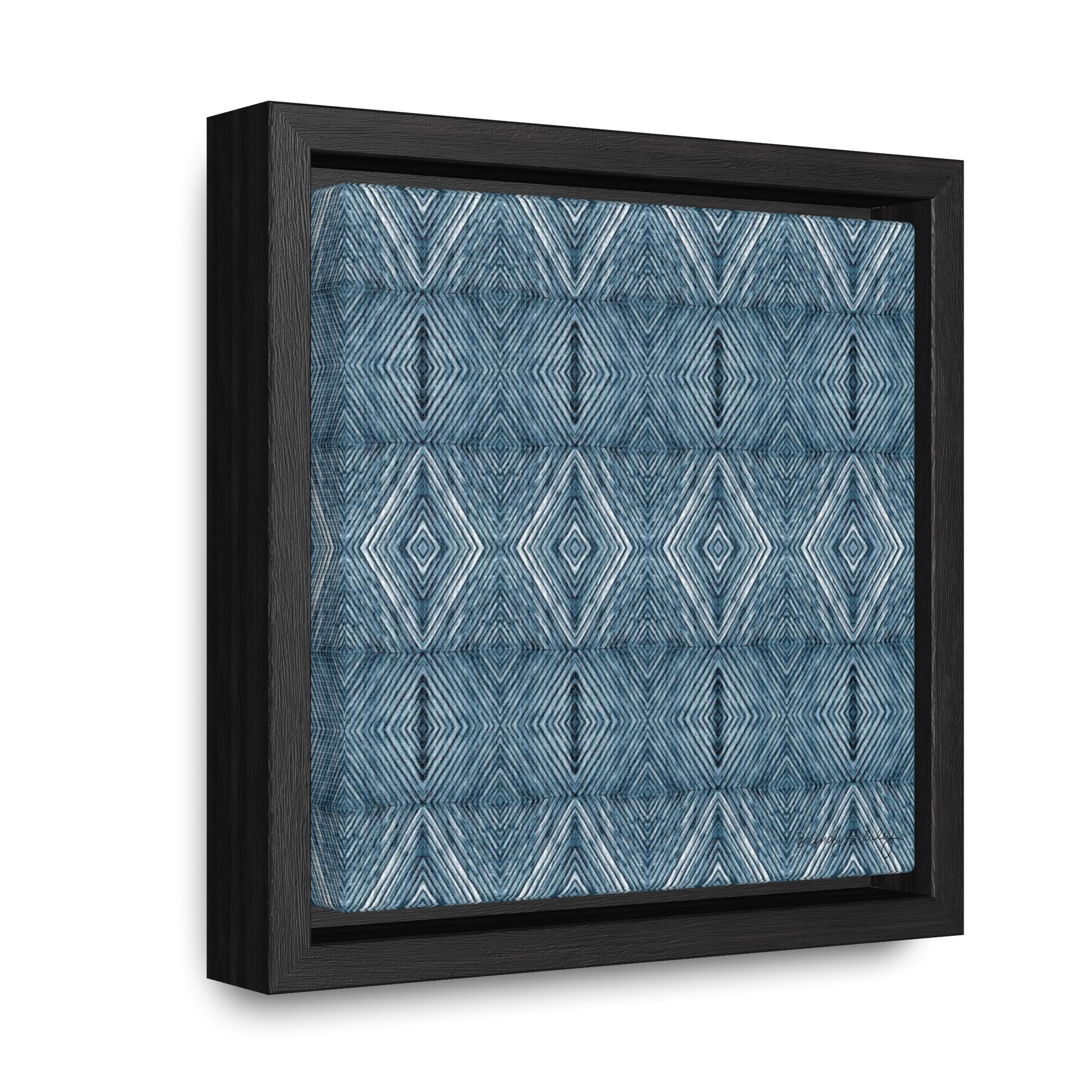 Mini framed artist canvas featuring a blue abstract diamond pattern in a black frame