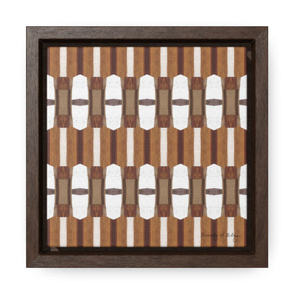 Stretched canvas featuring a brown and white abstract pattern in a brown float frame