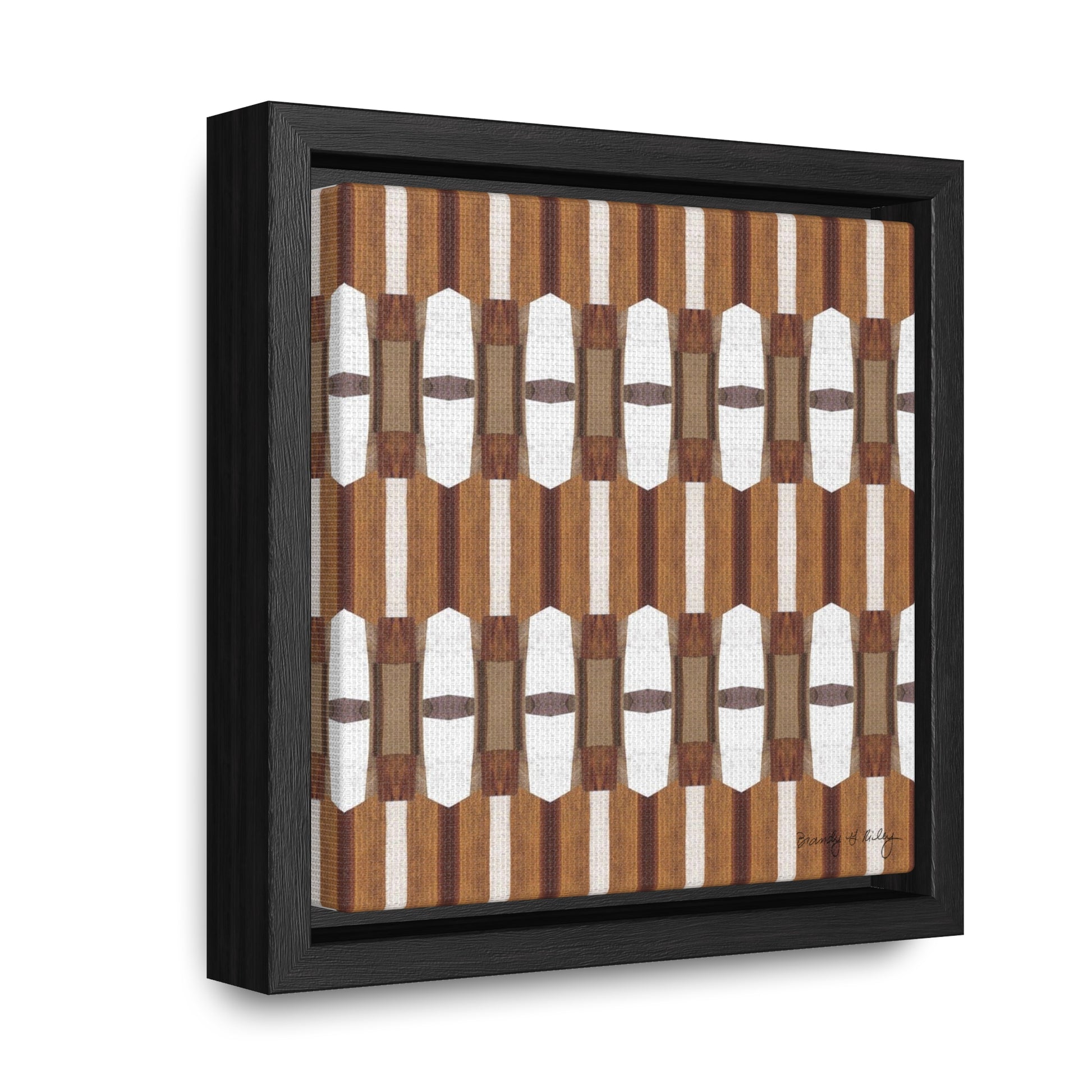Stretched canvas featuring a brown and white abstract pattern in a black float frame