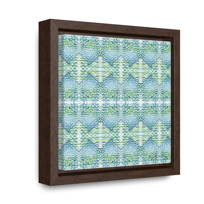 Stretched canvas featuring a blue and green abstract pattern in a brown float frame