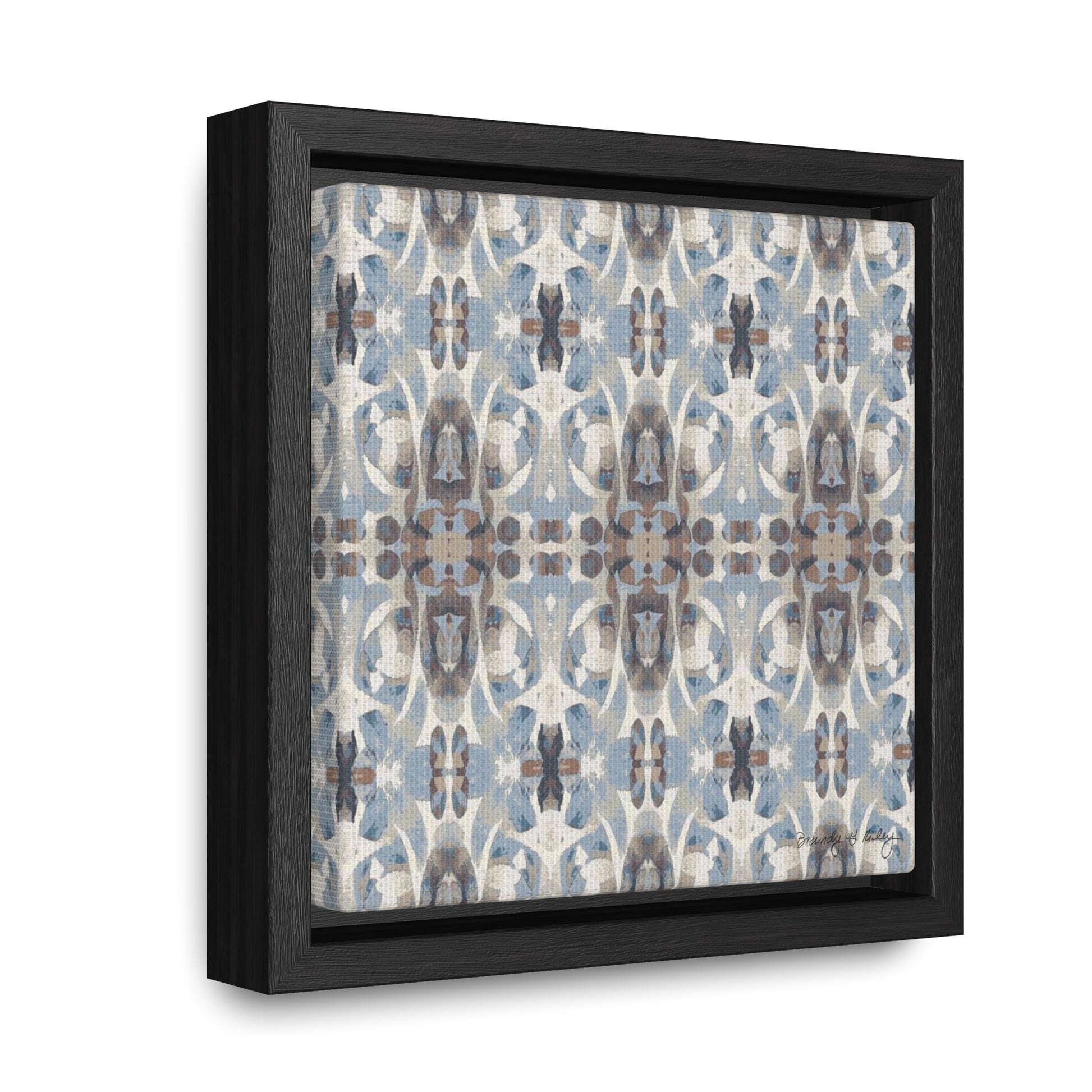Mini stretch canvas featuring an abstract blue and gray  pattern in a black fraome
