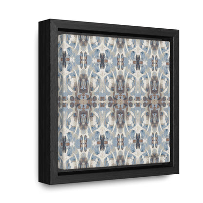 Mini stretch canvas featuring an abstract blue and gray  pattern in a black fraome