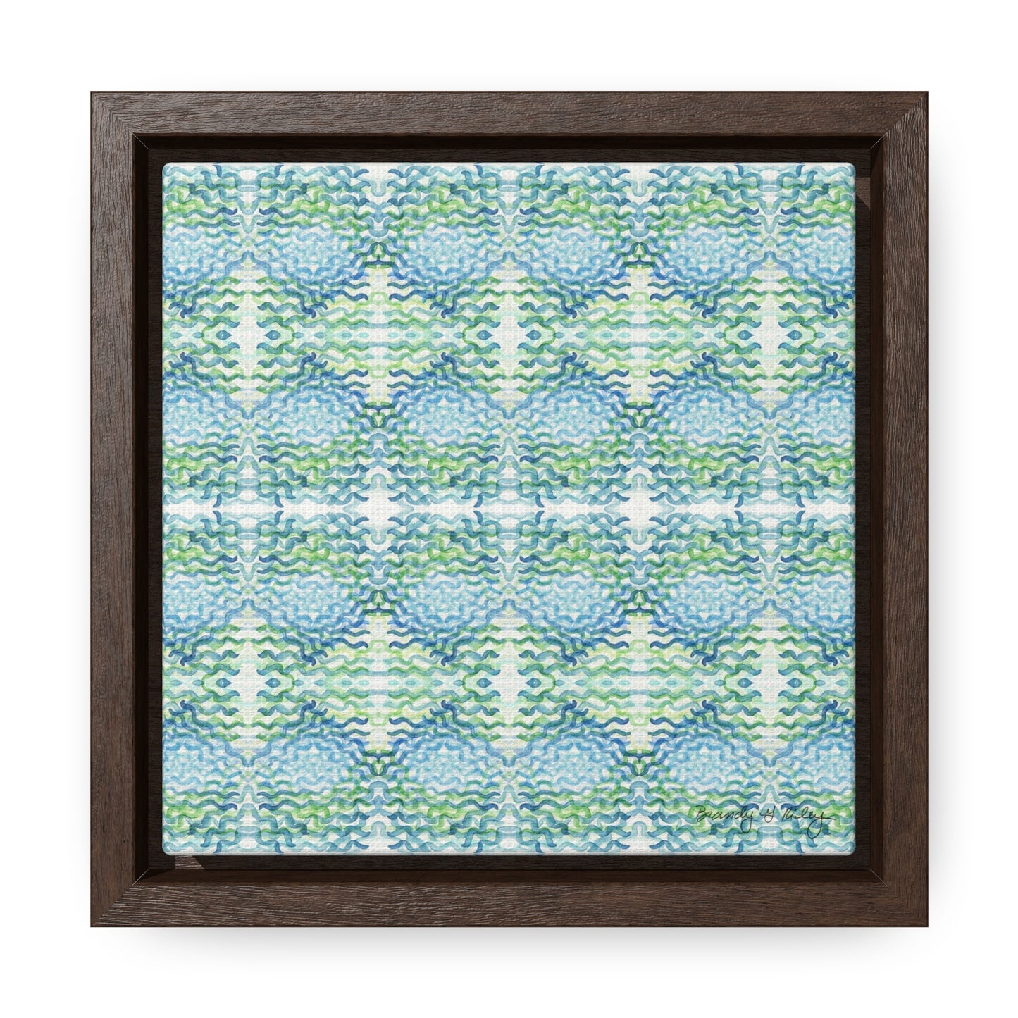 Stretched canvas featuring a blue and green abstract pattern in a brown float frame