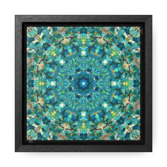 Stretched canvas featuring a teal abstract pattern in a black float frame