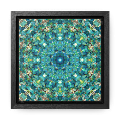 Stretched canvas featuring a teal abstract pattern in a black float frame