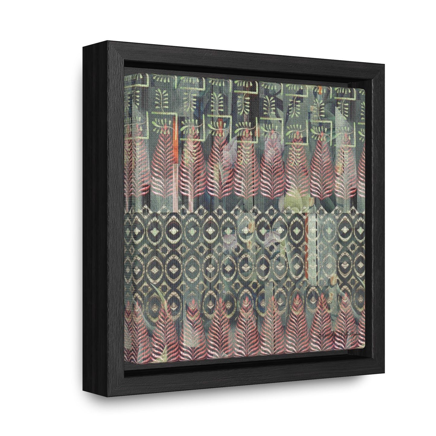Mini framed canvas print featuring a green and red wood block and collage pattern