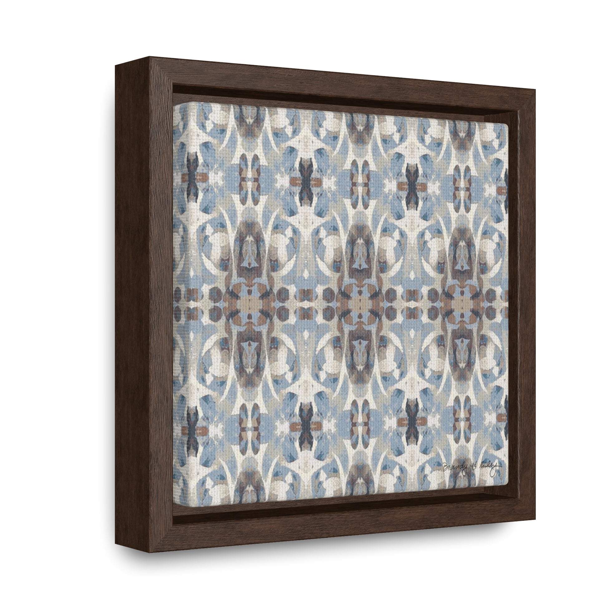 Mini stretch canvas featuring an abstract blue and gray  pattern in a brown fraome