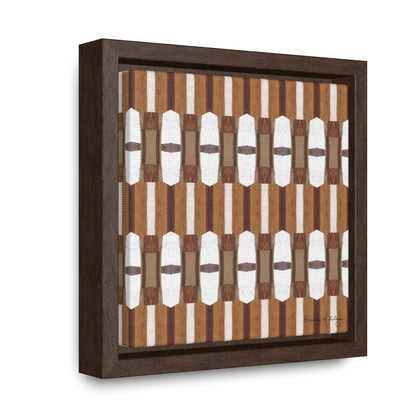 Stretched canvas featuring a brown and white abstract pattern in a brown float frame
