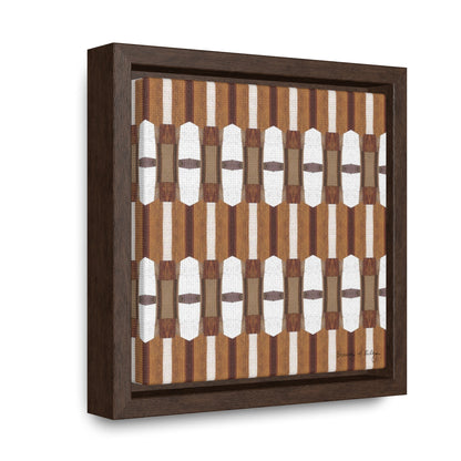 Stretched canvas featuring a brown and white abstract pattern in a brown float frame