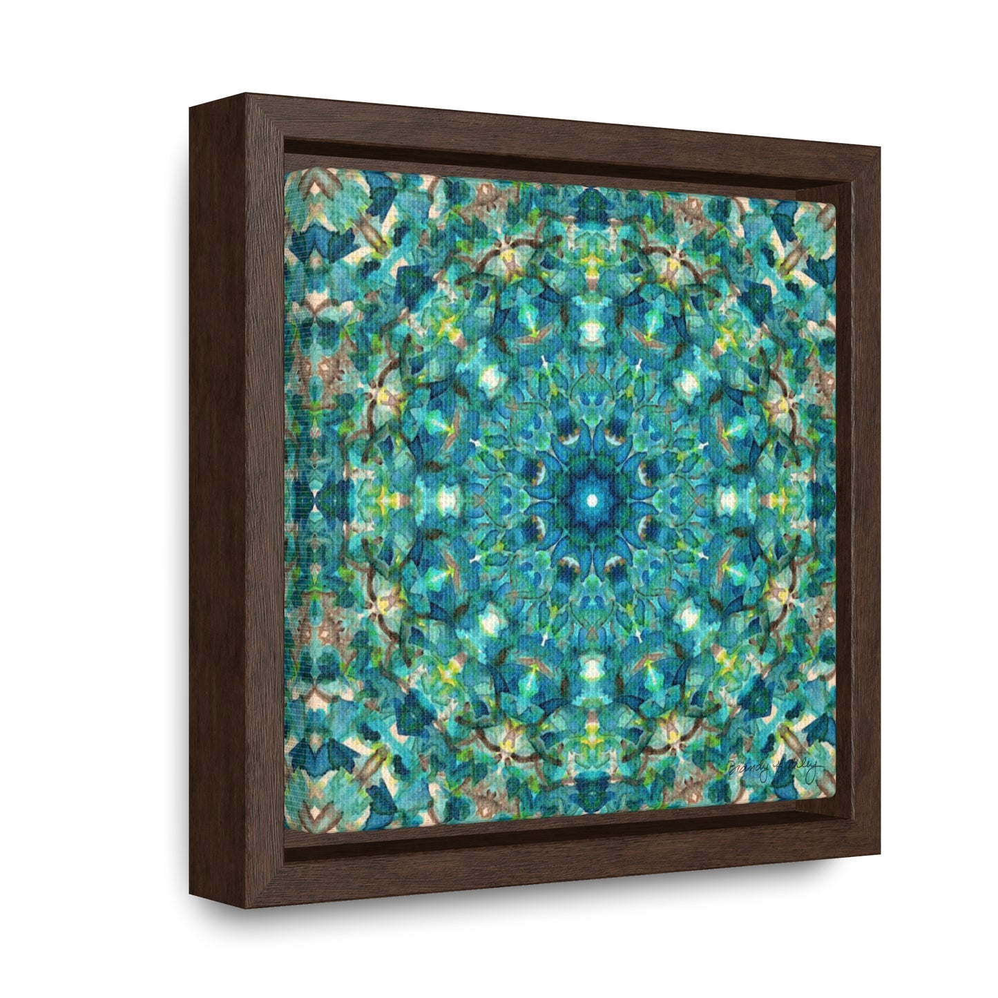Stretched canvas featuring a teal abstract pattern in a brown float frame