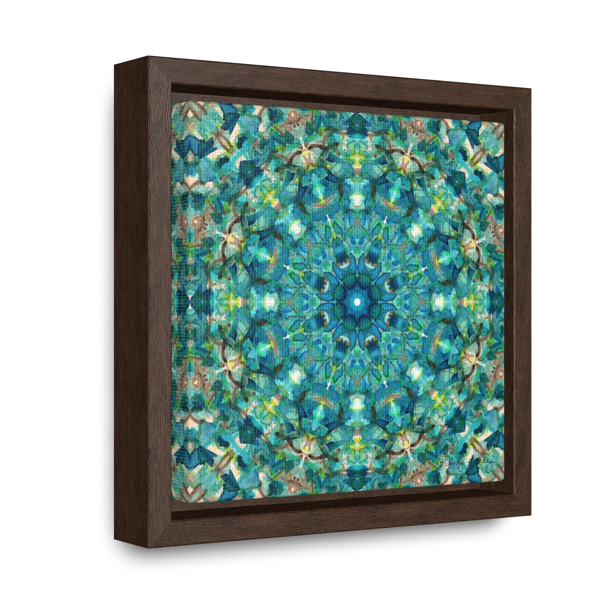 Stretched canvas featuring a teal abstract pattern in a brown float frame