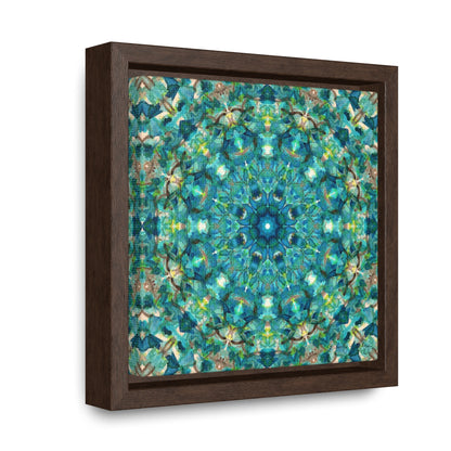 Stretched canvas featuring a teal abstract pattern in a brown float frame