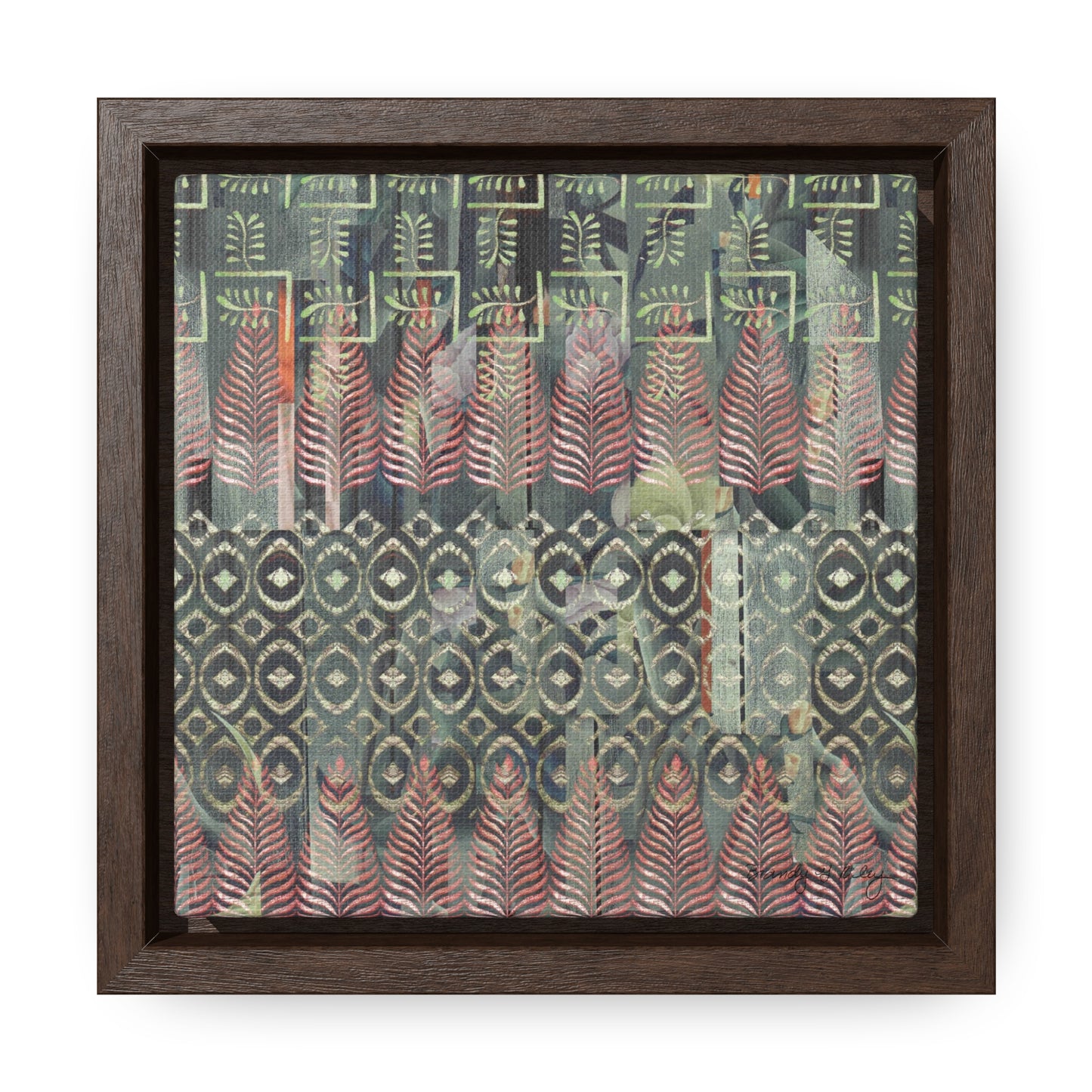 Mini framed canvas print featuring a green and red wood block and collage pattern