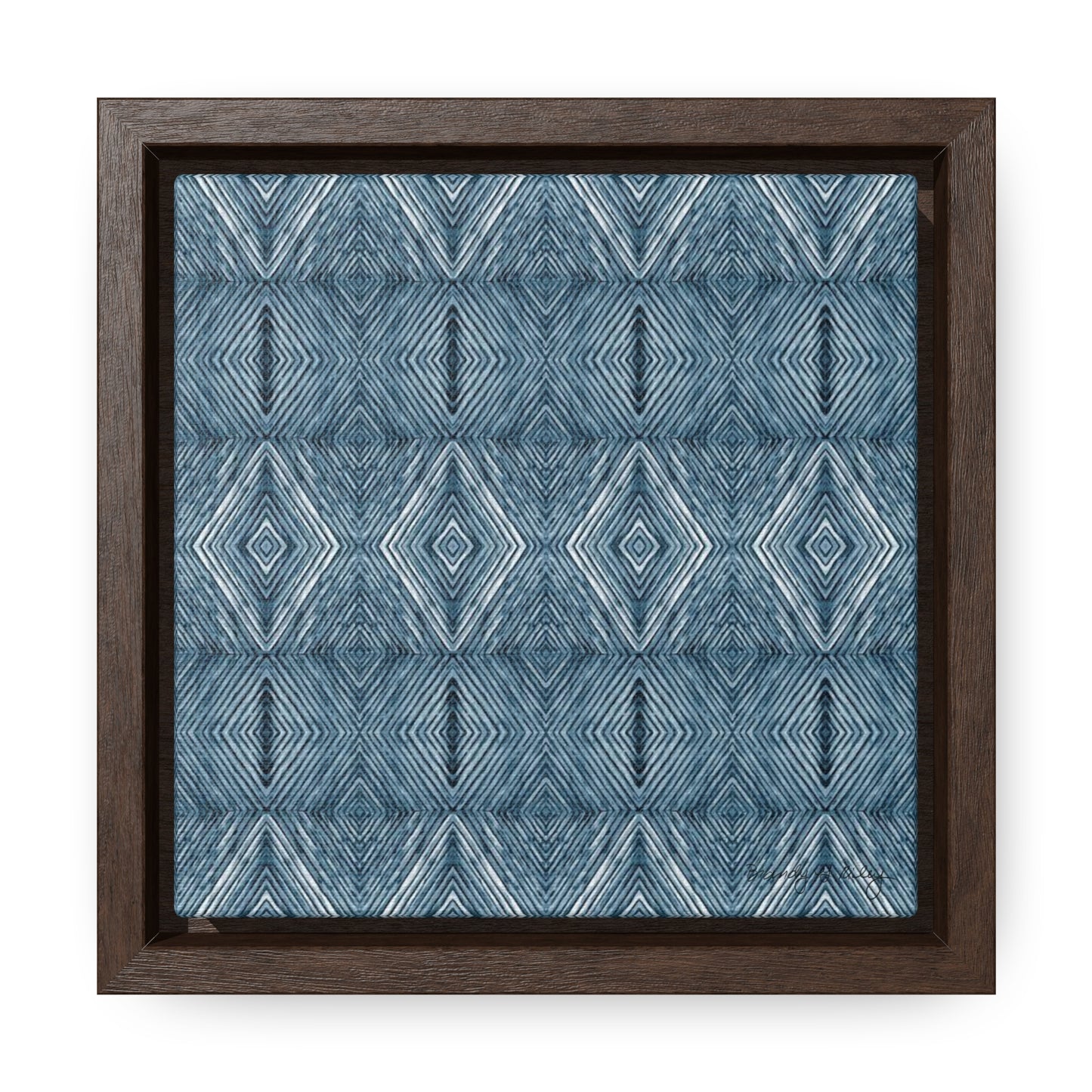 Mini framed artist canvas featuring a blue abstract diamond pattern in a brown frame