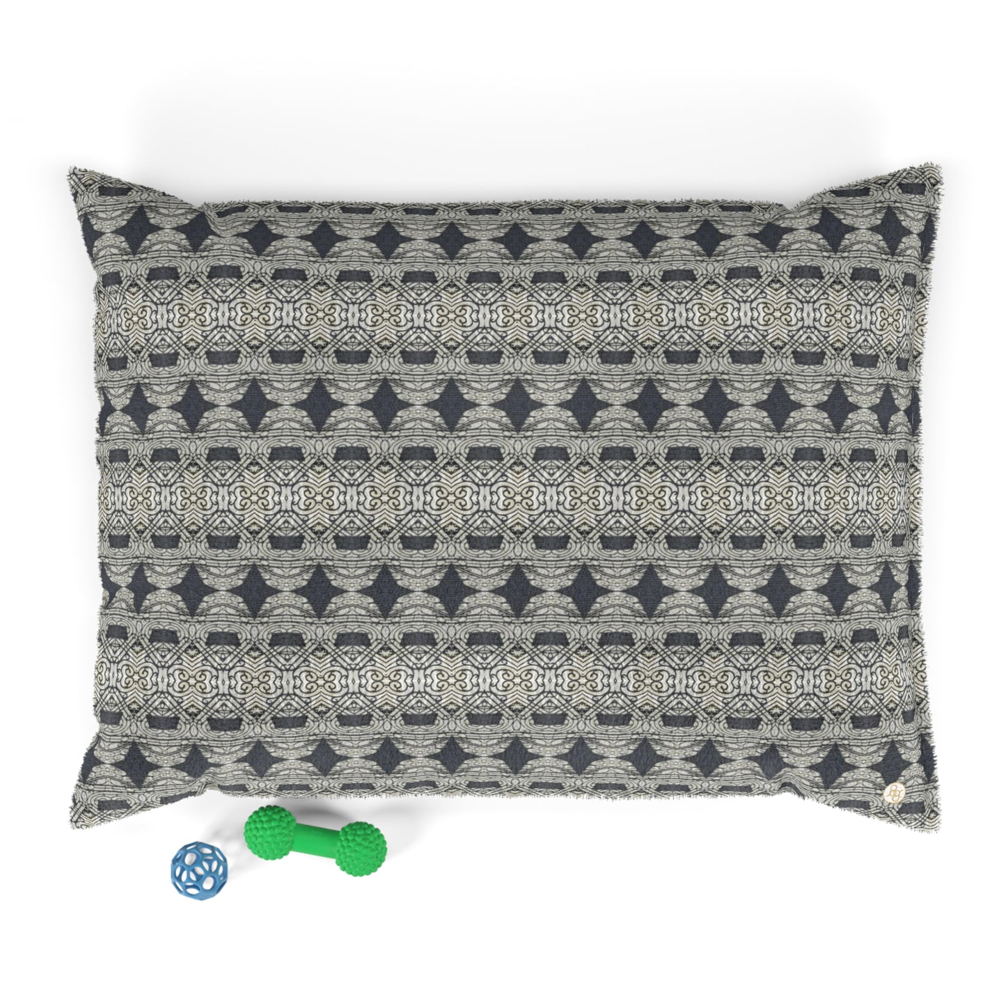 Fleece dog bed featuring a black and gray abstract pattern