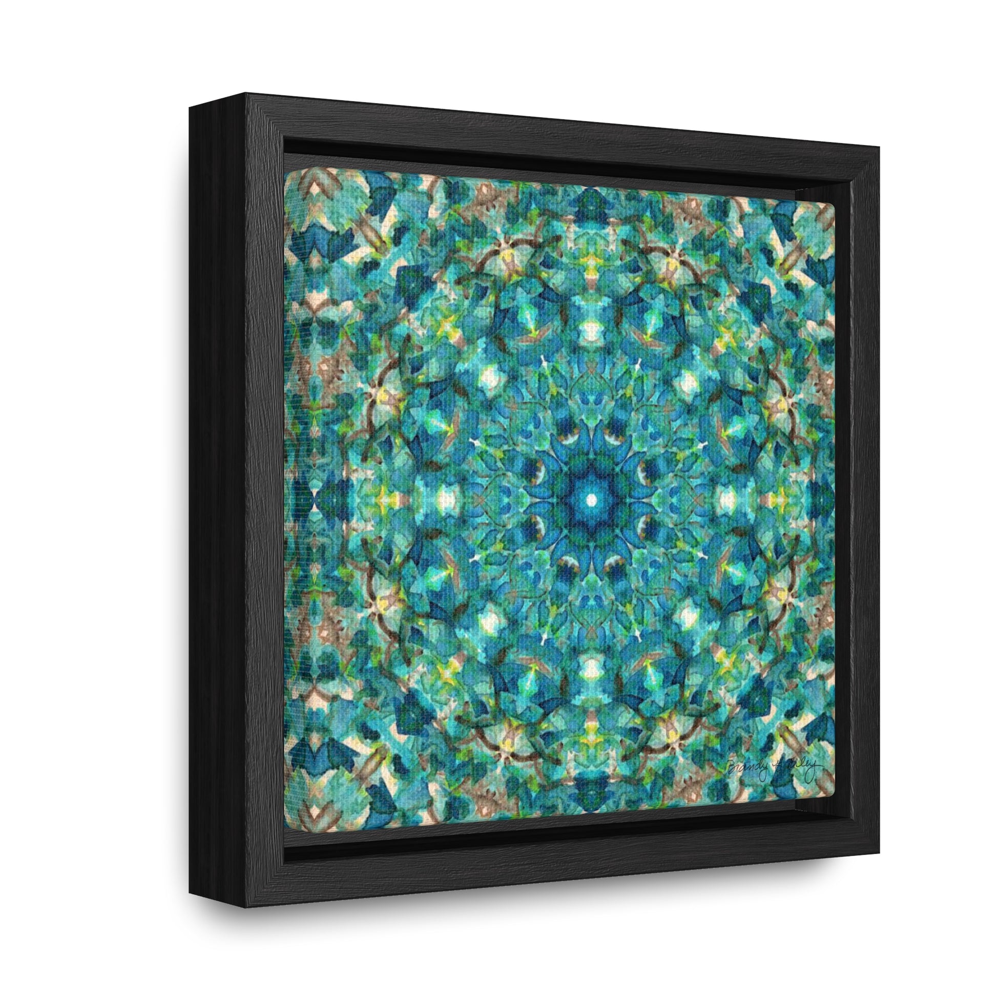 Stretched canvas featuring a teal abstract pattern in a black float frame