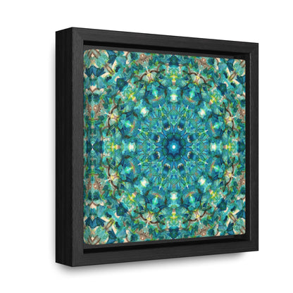 Stretched canvas featuring a teal abstract pattern in a black float frame