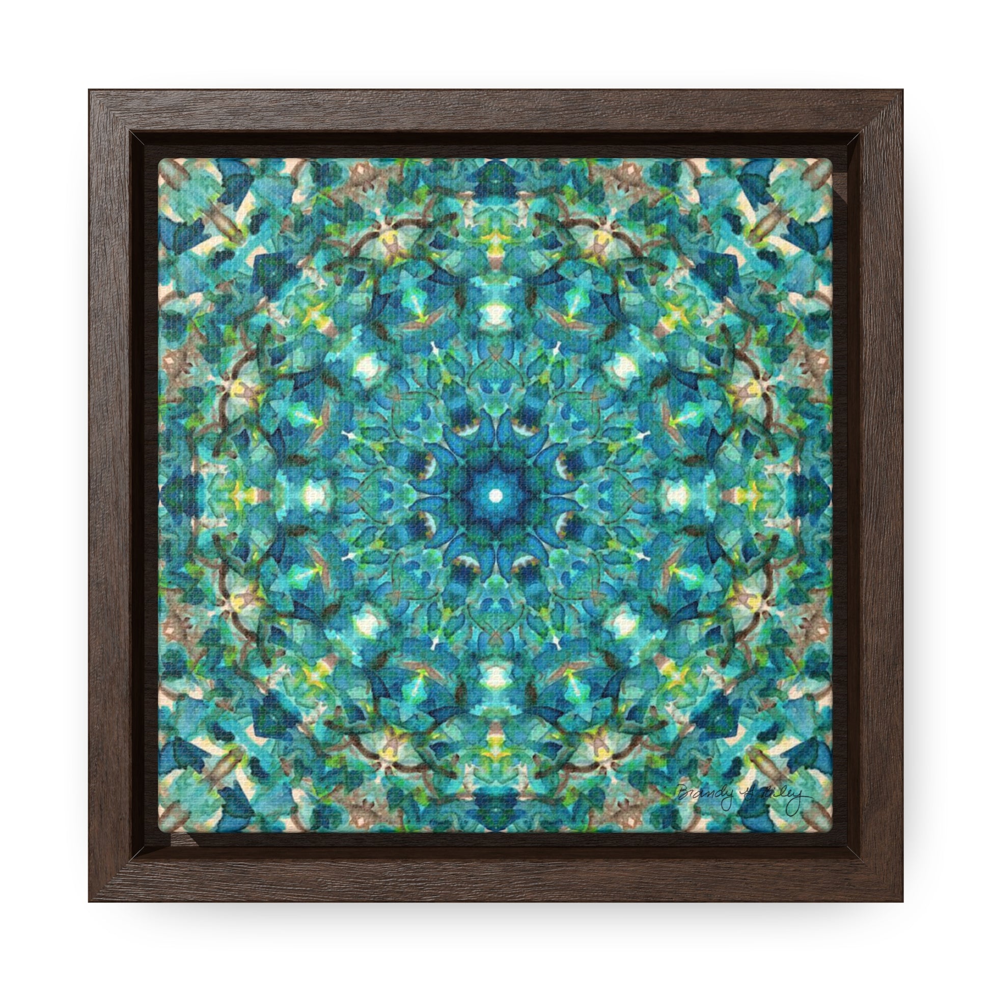 Stretched canvas featuring a teal abstract pattern in a brown float frame