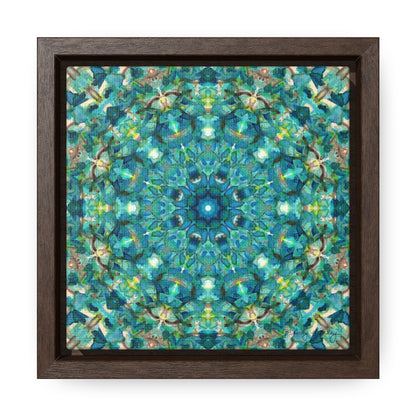 Stretched canvas featuring a teal abstract pattern in a brown float frame