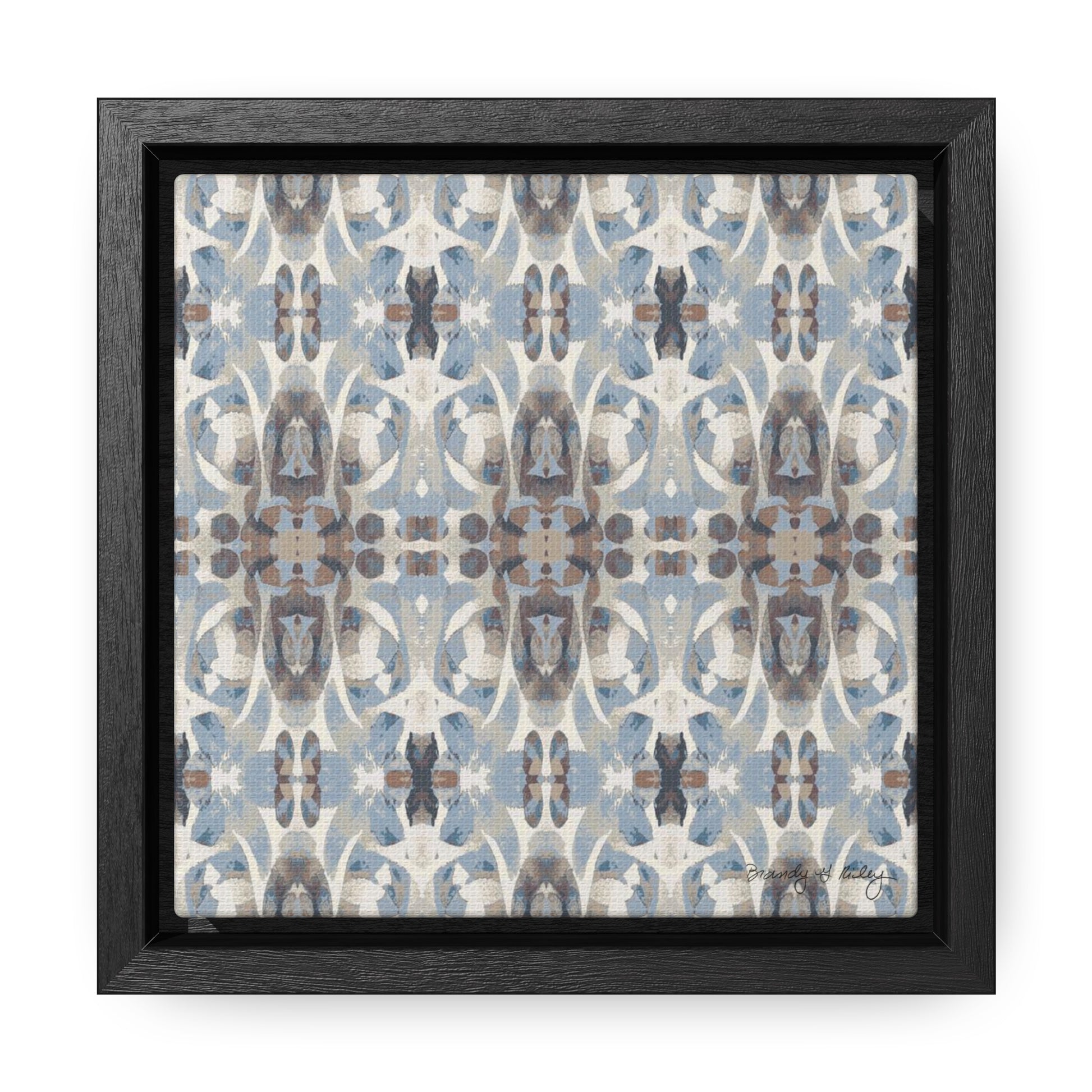 Mini stretch canvas featuring an abstract blue and gray  pattern in a black fraome