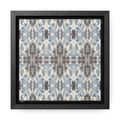 Mini stretch canvas featuring an abstract blue and gray  pattern in a black fraome