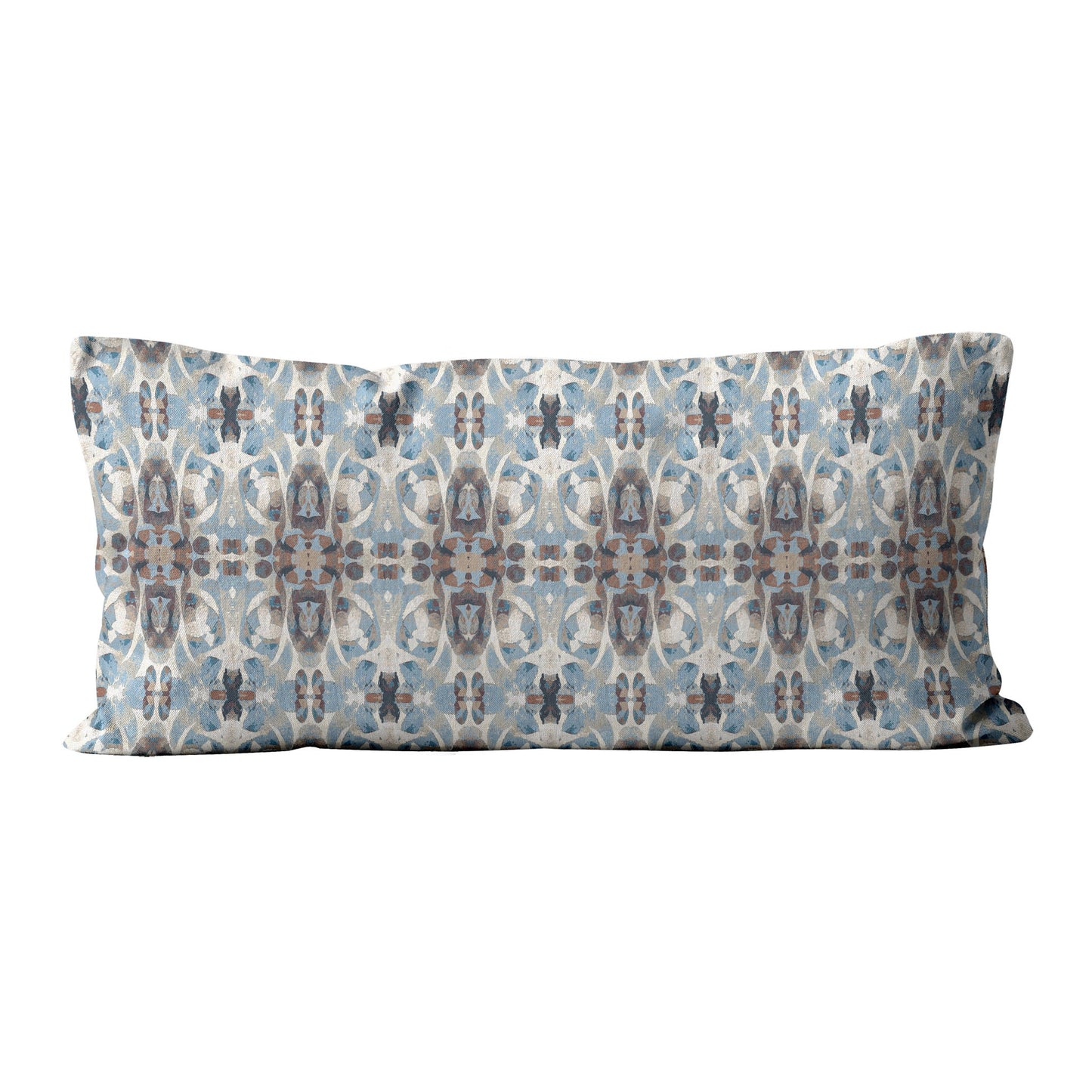 12 x 24 lumbar pillow featuring an abstract hand-painted blue and brown pattern.
