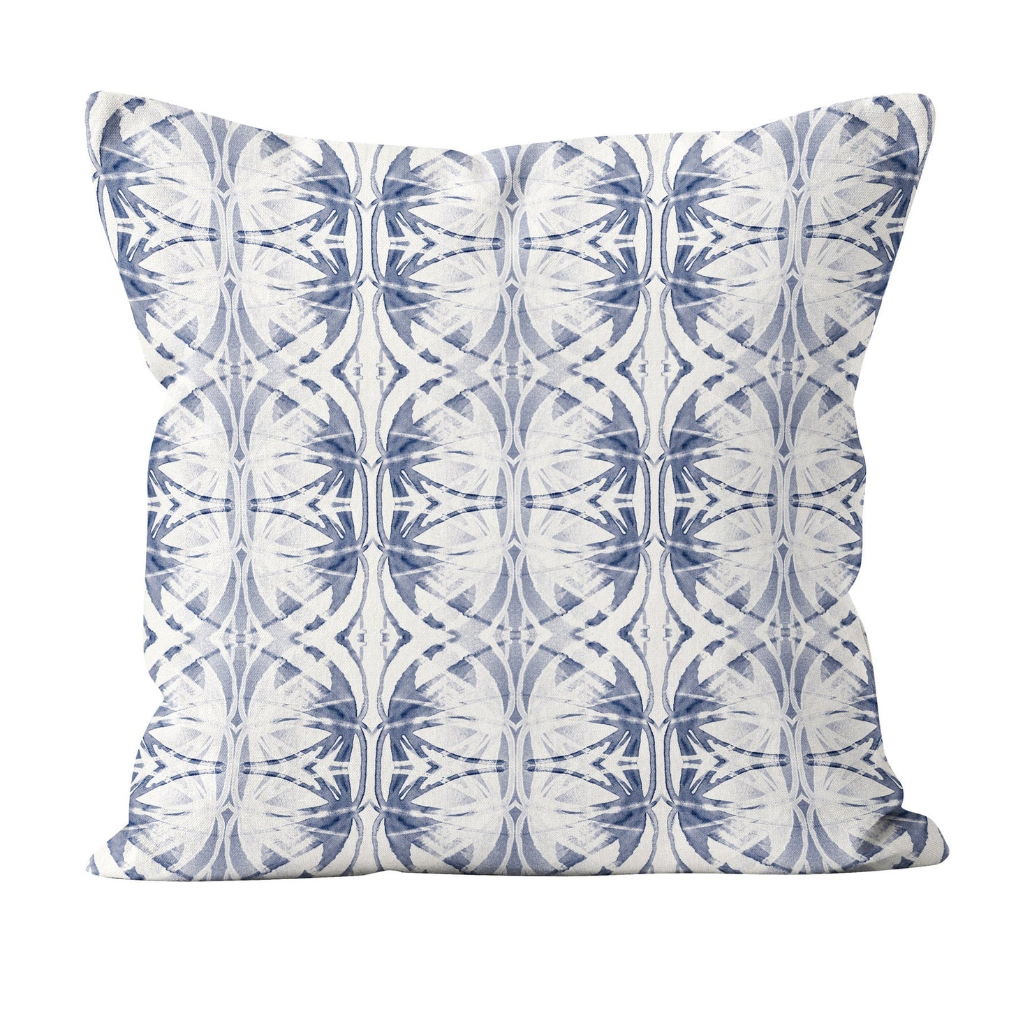 Throw pillow featuring abstract hand painted pattern in blue and white.