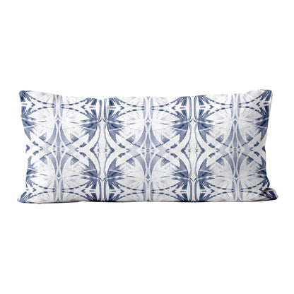 Rectangular pillow featuring abstract painted pattern in light blue and white.