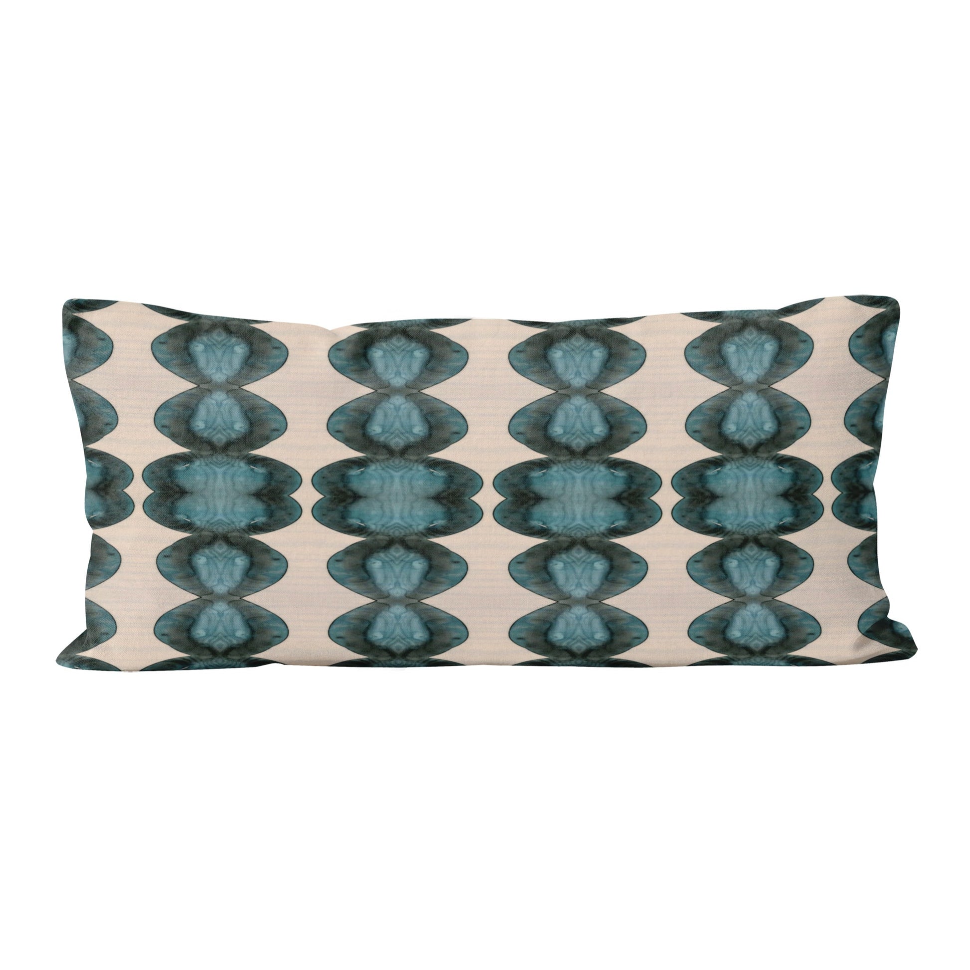 Rectangular lumbar pillow featuring abstract hand-painted pattern in blue, black, and cream.