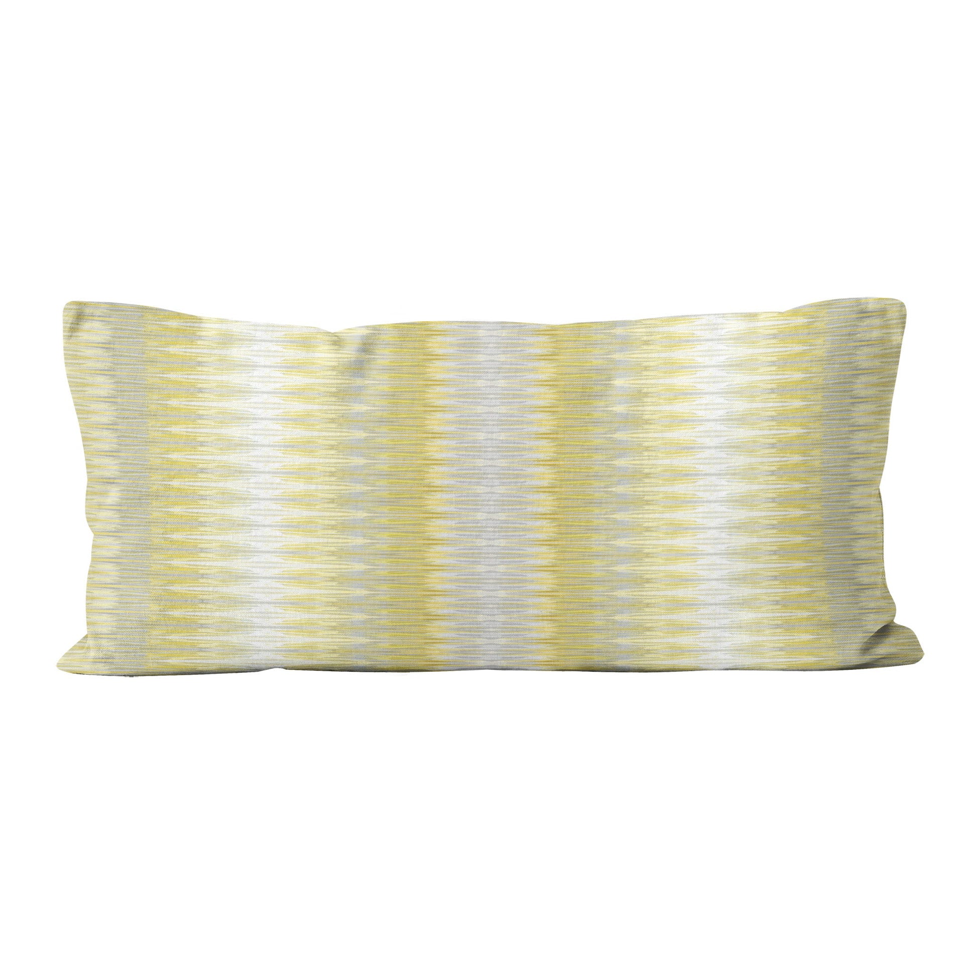 Rectangular lumbar pillow featuring abstract yellow and gray stripe.