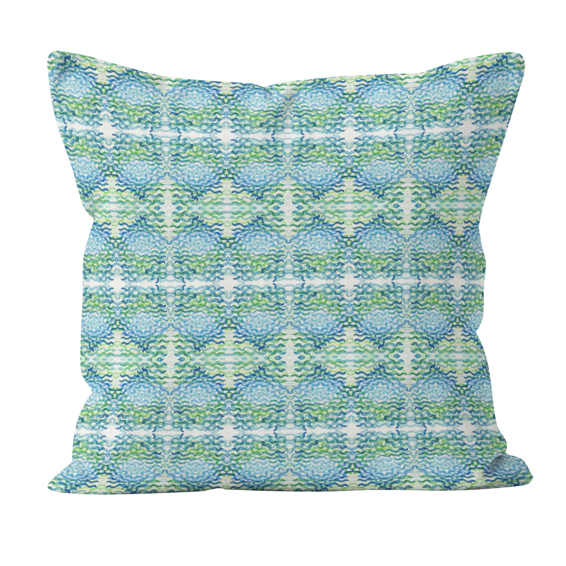Throw pillow featuring a blue and green abstract, hand-painted watercolor pattern.